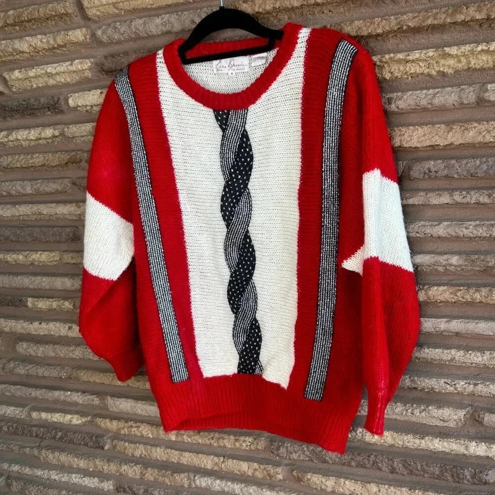 Eddie Dassin Vintage 90s Red Geometric Pattern Casual Sweater Size Medium - Picture 7 of 9